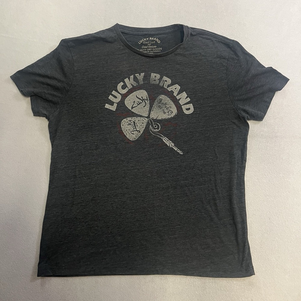 Lucky Brand Shirt Men's Size XL Gray Guitar Pick Clover Graphic Tee Good Luck